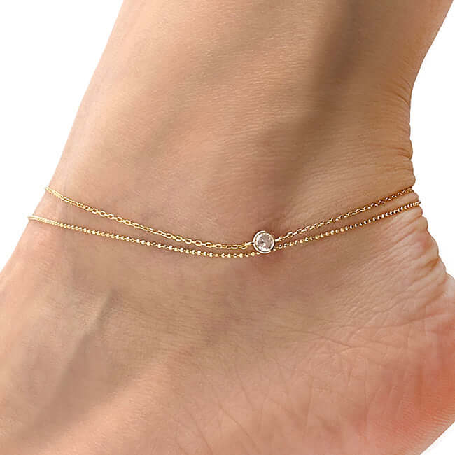18K Yellow Gold Over Sterling Silver CZ Charm 1mm Double Link Adjustable Ankle Bracelet (Solid Links) 9" - 10" - WJD Exclusives