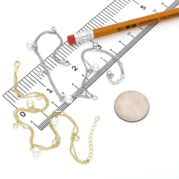 18K Yellow Gold Over Sterling Silver CZ and Pearl Charm Double Link Adjustable Ankle Bracelet (Solid Links) 9" - 10" - WJD Exclusives