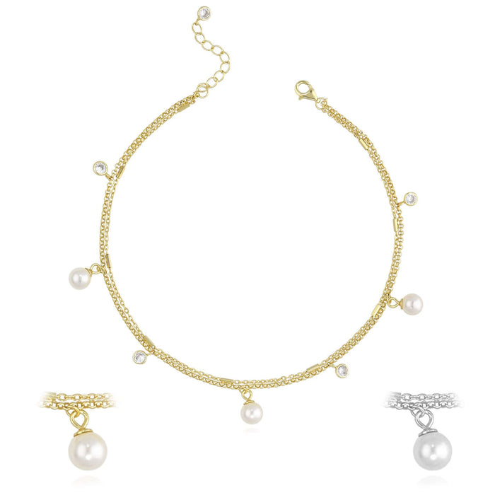 18K Yellow Gold Over Sterling Silver CZ and Pearl Charm Double Link Adjustable Ankle Bracelet (Solid Links) 9" - 10" - WJD Exclusives