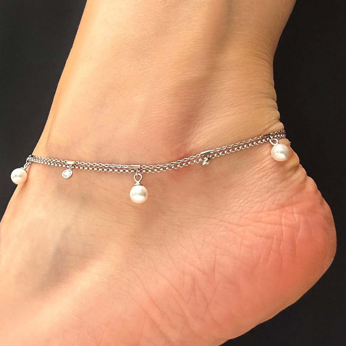 18K Yellow Gold Over Sterling Silver CZ and Pearl Charm Double Link Adjustable Ankle Bracelet (Solid Links) 9" - 10" - WJD Exclusives