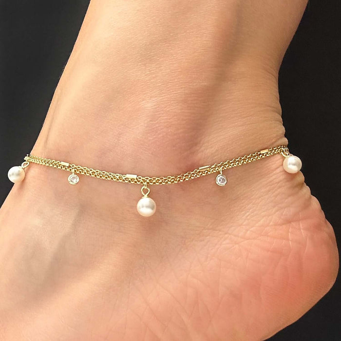 18K Yellow Gold Over Sterling Silver CZ and Pearl Charm Double Link Adjustable Ankle Bracelet (Solid Links) 9" - 10" - WJD Exclusives