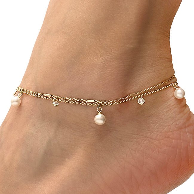 18K Yellow Gold Over Sterling Silver CZ and Pearl Charm Double Link Adjustable Ankle Bracelet (Solid Links) 9" - 10" - WJD Exclusives