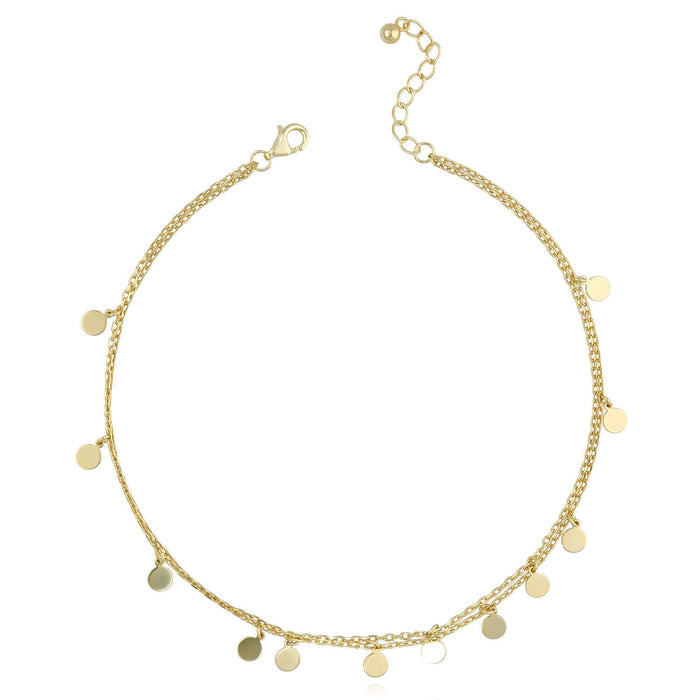 18K Yellow Gold Over Sterling Silver Disc Charm Double Link Adjustable Ankle Bracelet (Solid Links) 9" - 10" - WJD Exclusives