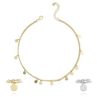 18K Yellow Gold Over Sterling Silver Disc Charm Double Link Adjustable Ankle Bracelet (Solid Links) 9" - 10" - WJD Exclusives