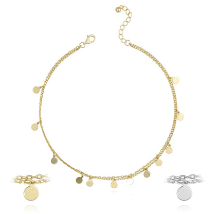 Gold Over Silver Disc Charm Double Link Adjustable Ankle Bracelet 9"-10"
