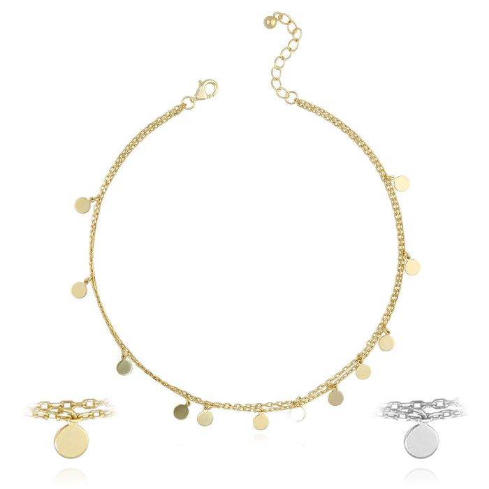 18K Yellow Gold Over Sterling Silver Disc Charm Double Link Adjustable Ankle Bracelet (Solid Links) 9" - 10" - WJD Exclusives