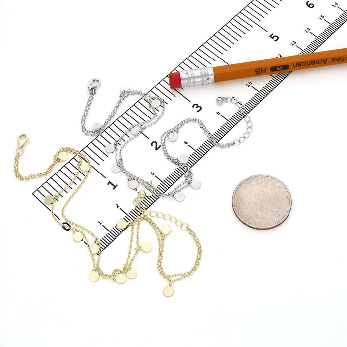 18K Yellow Gold Over Sterling Silver Disc Charm Double Link Adjustable Ankle Bracelet (Solid Links) 9" - 10" - WJD Exclusives