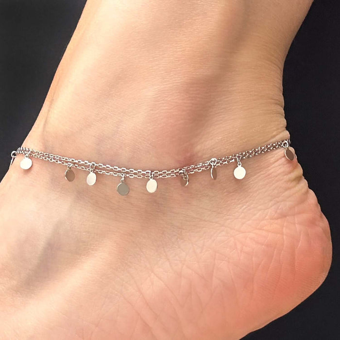 18K Yellow Gold Over Sterling Silver Disc Charm Double Link Adjustable Ankle Bracelet (Solid Links) 9" - 10" - WJD Exclusives