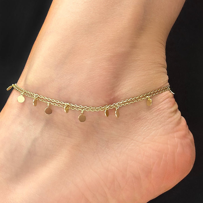 18K Yellow Gold Over Sterling Silver Disc Charm Double Link Adjustable Ankle Bracelet (Solid Links) 9" - 10" - WJD Exclusives