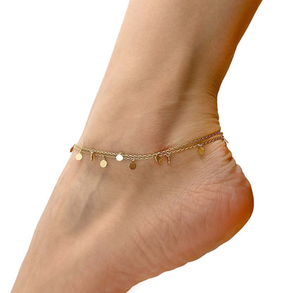 Gold Over Silver Disc Charm Double Link Adjustable Ankle Bracelet 9"-10"