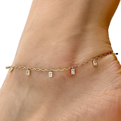 Gold Over Silver CZ Charm 1.5mm Paperclip Link Adjustable Ankle Bracelet 9"-10"