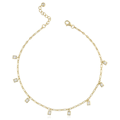 18K Yellow Gold Over Sterling Silver CZ Charm 1.5mm Paperclip Link Adjustable Ankle Bracelet (Solid Links) 9" - 10" - WJD Exclusives