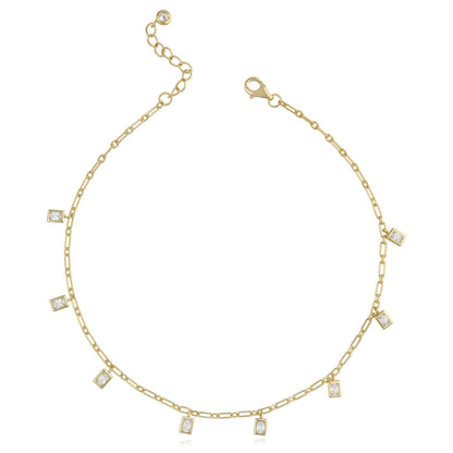 Gold Over Silver CZ Charm 1.5mm Paperclip Link Adjustable Ankle Bracelet 9"-10"