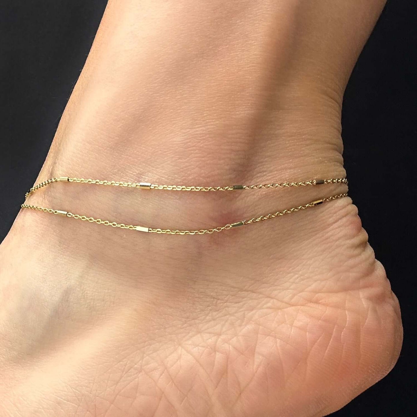 18K Yellow Gold Over Sterling Silver 1.5mm Double Cable Link Bar Adjustable Ankle Bracelet (Solid Links) 9"-10"