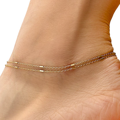 18K Yellow Gold Over Sterling Silver 1.5mm Double Cable Link Bar Adjustable Ankle Bracelet (Solid Links) 9"-10"