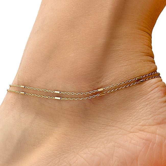 18K Yellow Gold Over Sterling Silver 1.5mm Double Cable Link Bar Adjustable Ankle Bracelet (Solid Links) 9" - 10" - WJD Exclusives