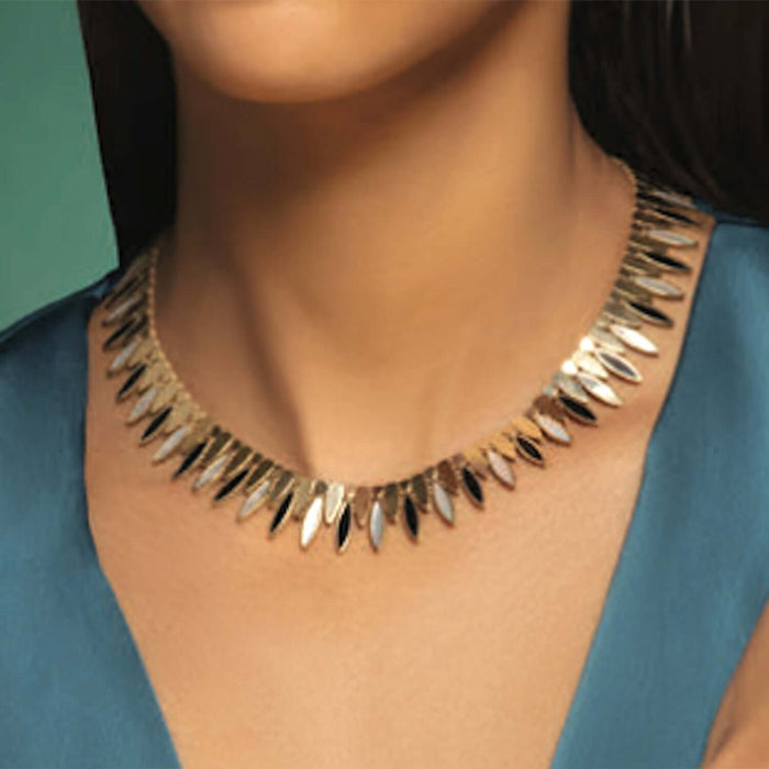 14K Yellow Gold La Grand Dame Natural Mother of Pearl Black Onyx Necklace (Solid Links) 16" - WJD Exclusives