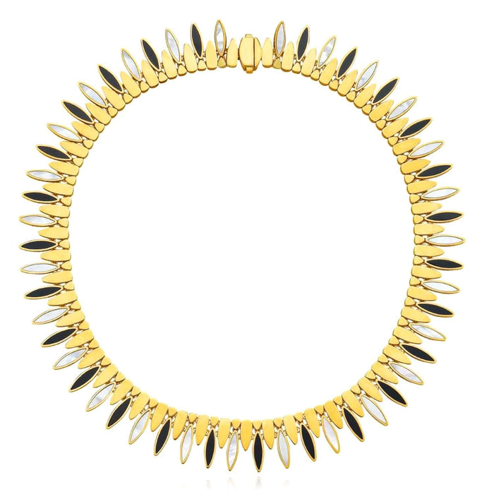 14K Yellow Gold La Grand Dame Natural Mother of Pearl Black Onyx Necklace (Solid Links) 16" - WJD Exclusives