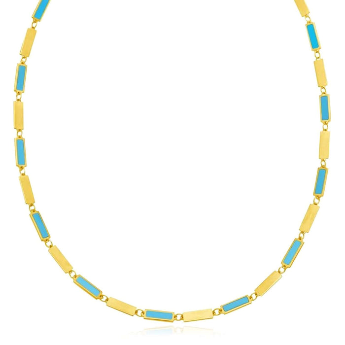 14K Yellow Gold Rectangle Station Turquoise Malachite Adjustable Necklace (Solid Links) 16" - 18" - WJD Exclusives