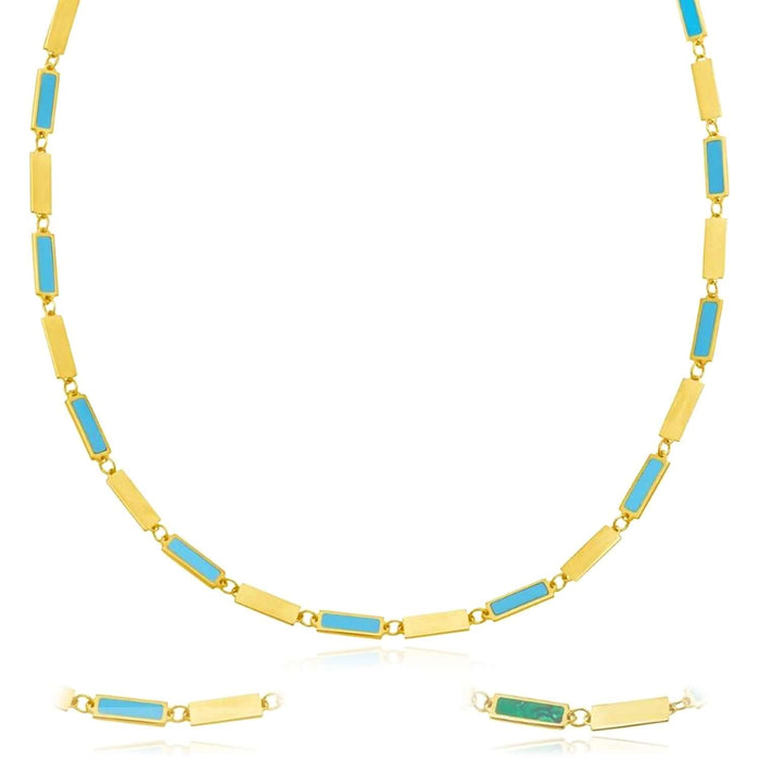 14K Yellow Gold Rectangle Station Turquoise Malachite Adjustable Necklace (Solid Links) 16" - 18" - WJD Exclusives