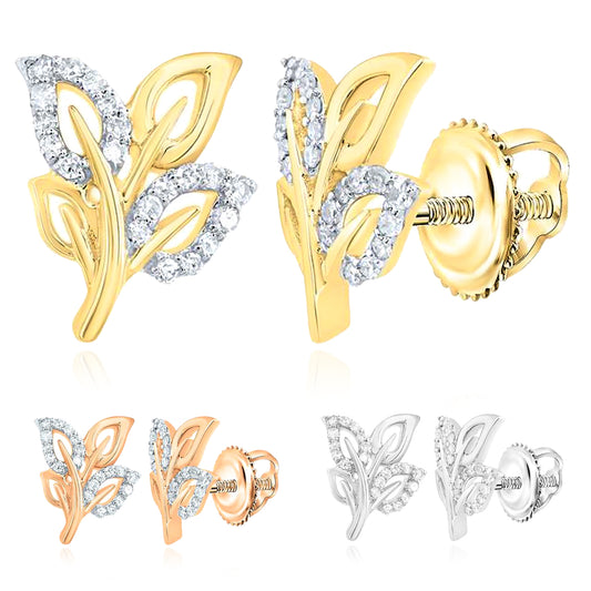 0.12CTW Real Diamond Real 10K White Rose Gold Leaf Stud Earrings 12mm