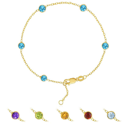 Real 14K Gold Station Gemstone Adjustable Bracelet 6.5"-7"
