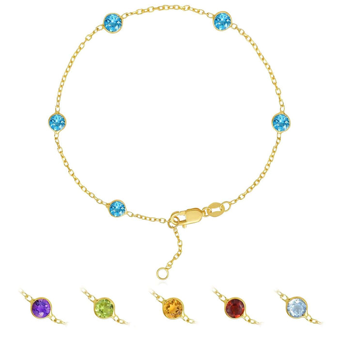 14K Yellow Gold Station Gemstone Adjustable Bracelet (Solid Links) 6.5" - 7" - WJD Exclusives