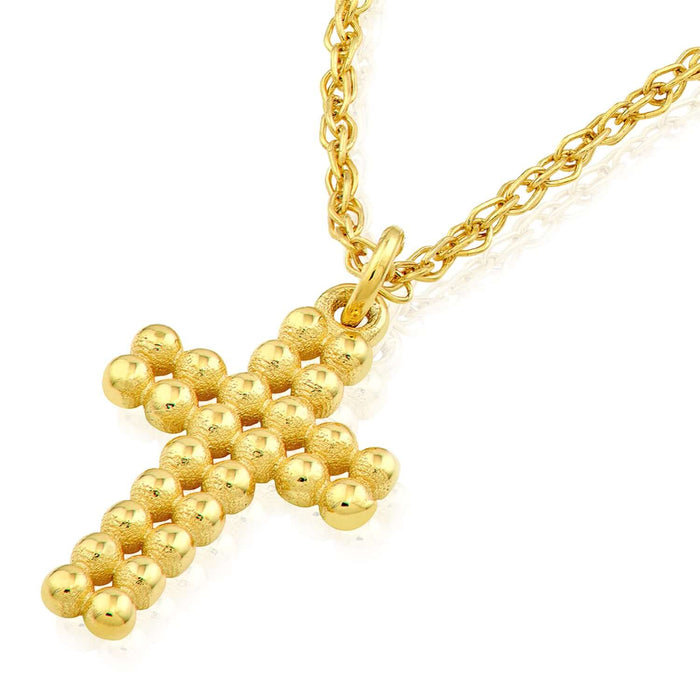 14K Yellow Gold Puffy Beaded Cross Necklace (Solid Links) 16" - 18" Adjustable - WJD Exclusives
