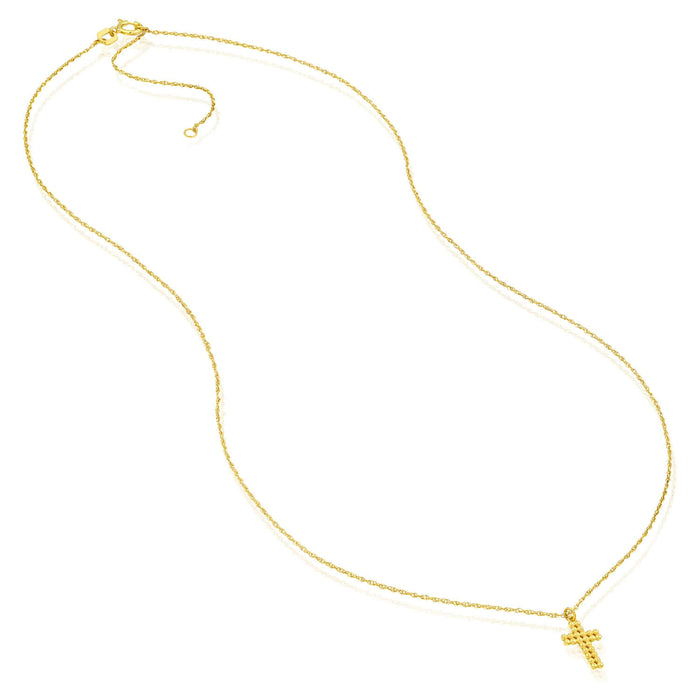 14K Yellow Gold Puffy Beaded Cross Necklace (Solid Links) 16" - 18" Adjustable - WJD Exclusives