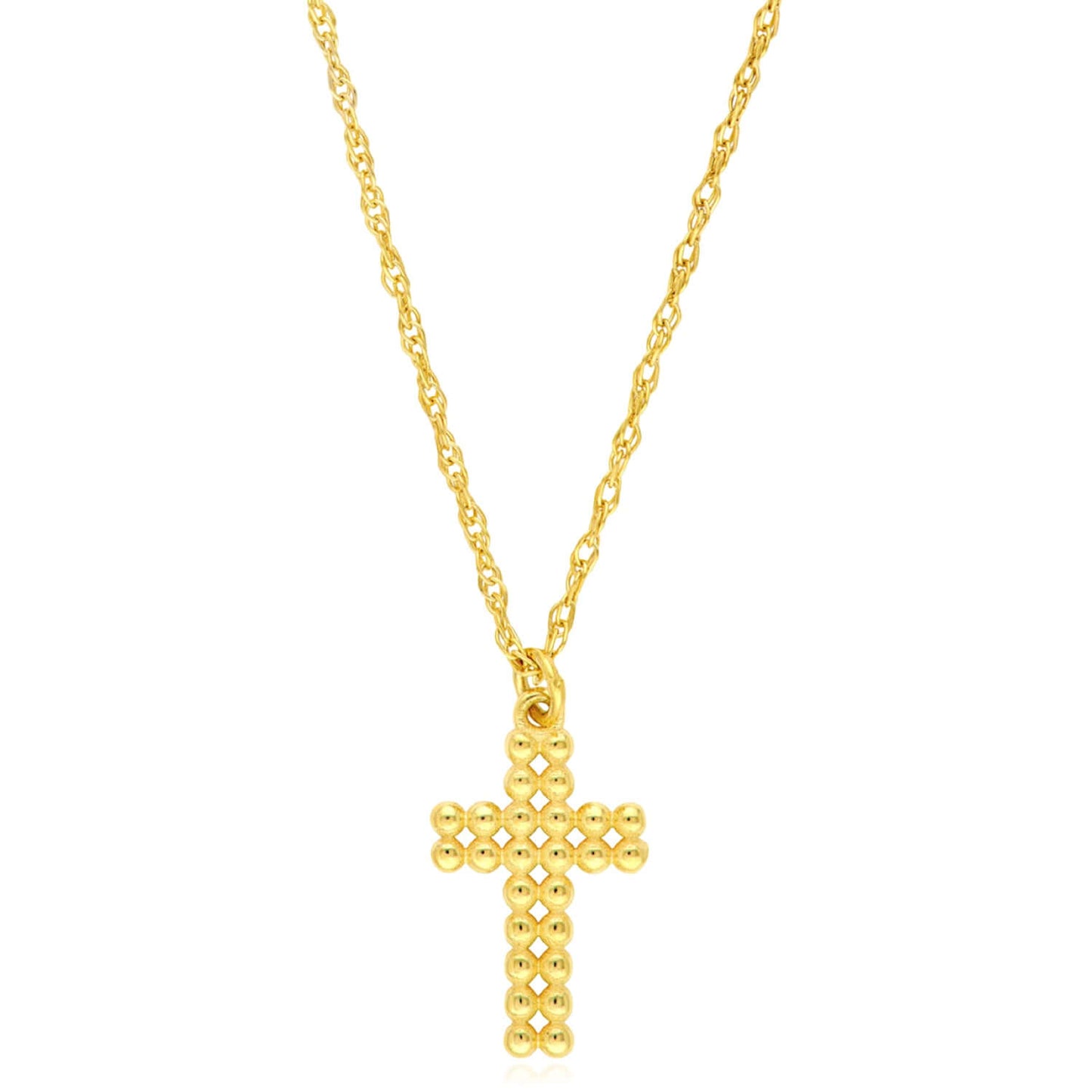 Real 14K Gold Puffy Beaded Cross Pendant Necklace 16-18"