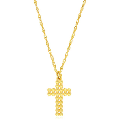 Real 14K Gold Puffy Beaded Cross Pendant Necklace 16-18"