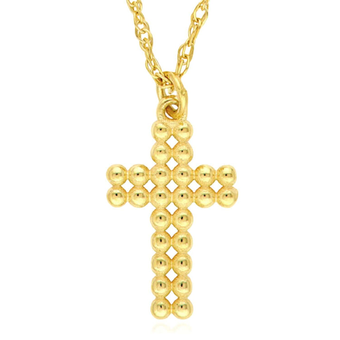 14K Yellow Gold Puffy Beaded Cross Necklace (Solid Links) 16" - 18" Adjustable - WJD Exclusives