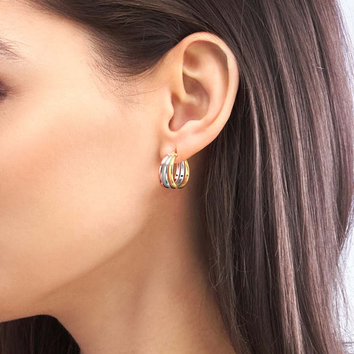Real 14K Tri - Color Gold Round Triple Hoop Earrings 15mm - WJD Exclusives