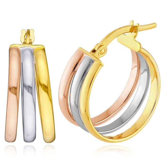 Real 14K Tri - Color Gold Round Triple Hoop Earrings 15mm - WJD Exclusives