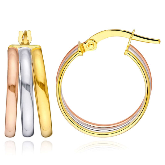 Real 14K Tri-Color Gold Round Triple Hoop Earrings 15mm