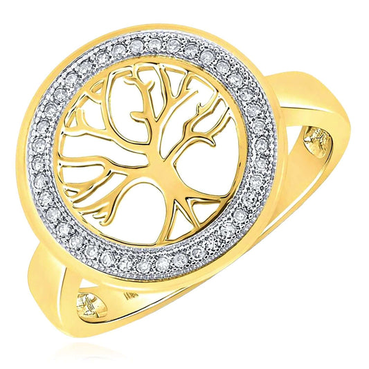 0.10CTW Real Diamond Real 10K Gold Tree of Life Circle Signet Ring