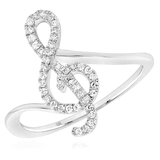 0.15CTW Real Diamond Real 10K White Gold Treble Clef Music Note Ring