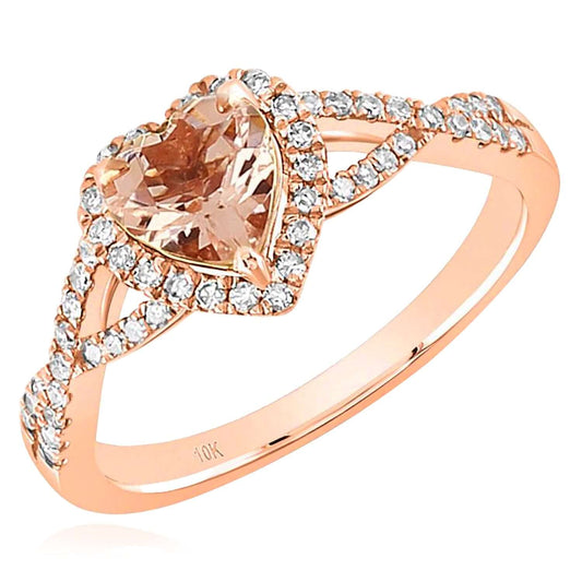 1.25CTW Real Diamond & Morganite Real 10K Rose Gold Halo Heart Engagement Ring