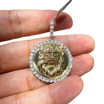 0.15CTW Real Diamond Gold Over Silver Lion Face Round Pendant 1.7"