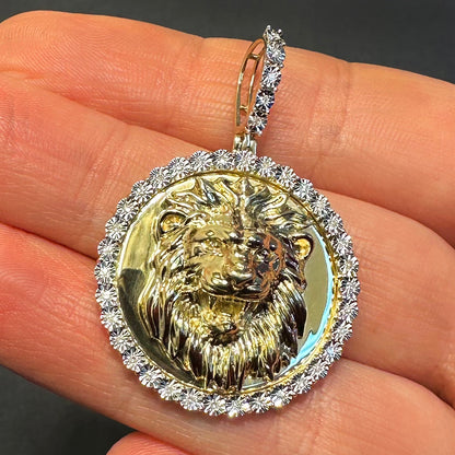 0.15CTW Natural Diamond Gold Over Silver Lion Face Round Pendant 1.7"
