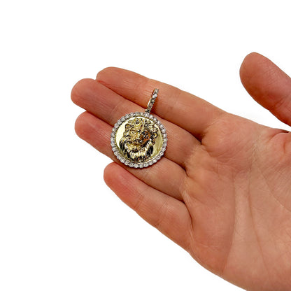 0.15CTW Natural Diamond Gold Over Silver Lion Face Round Pendant 1.7"