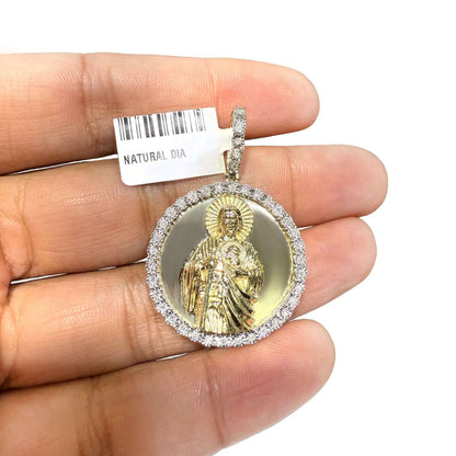 0.15CTW Real Diamond Gold Over Silver Saint Jude Round Pendant 1.7"