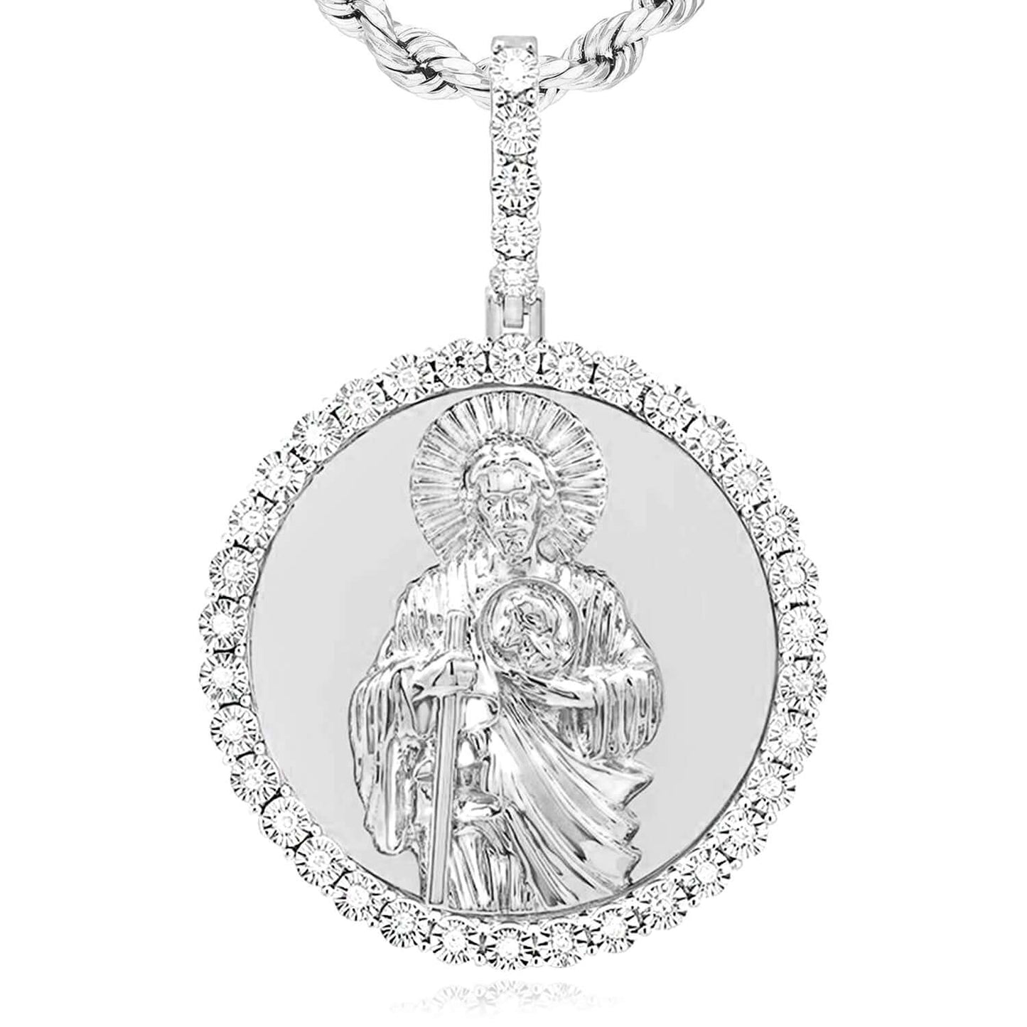 0.15CTW Real Diamond Gold Over Silver Saint Jude Round Pendant 1.7"