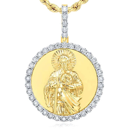 0.15CTW Real Diamond Gold Over Silver Saint Jude Round Pendant 1.7"