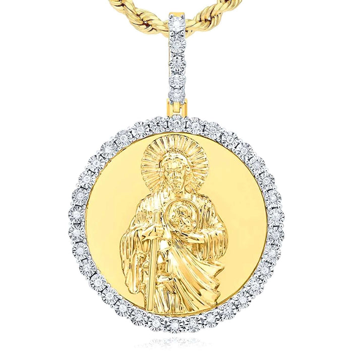 0.15CTW Natural Diamond Gold Over Silver Saint Jude Round Pendant 1.7" - WJD Exclusives