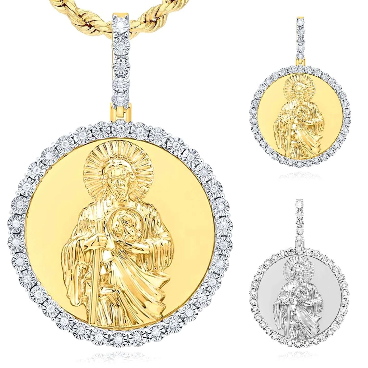 0.15CTW Real Diamond Gold Over Silver Saint Jude Round Pendant 1.7"