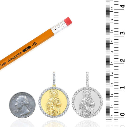 0.15CTW Real Diamond Gold Over Silver Saint Jude Round Pendant 1.7"