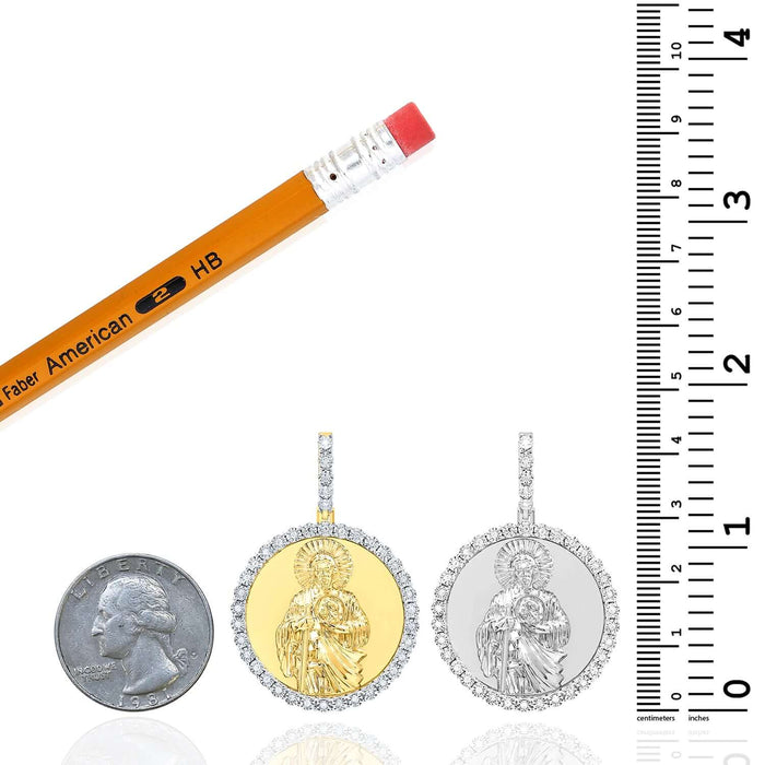 0.15CTW Natural Diamond Gold Over Silver Saint Jude Round Pendant 1.7" - WJD Exclusives