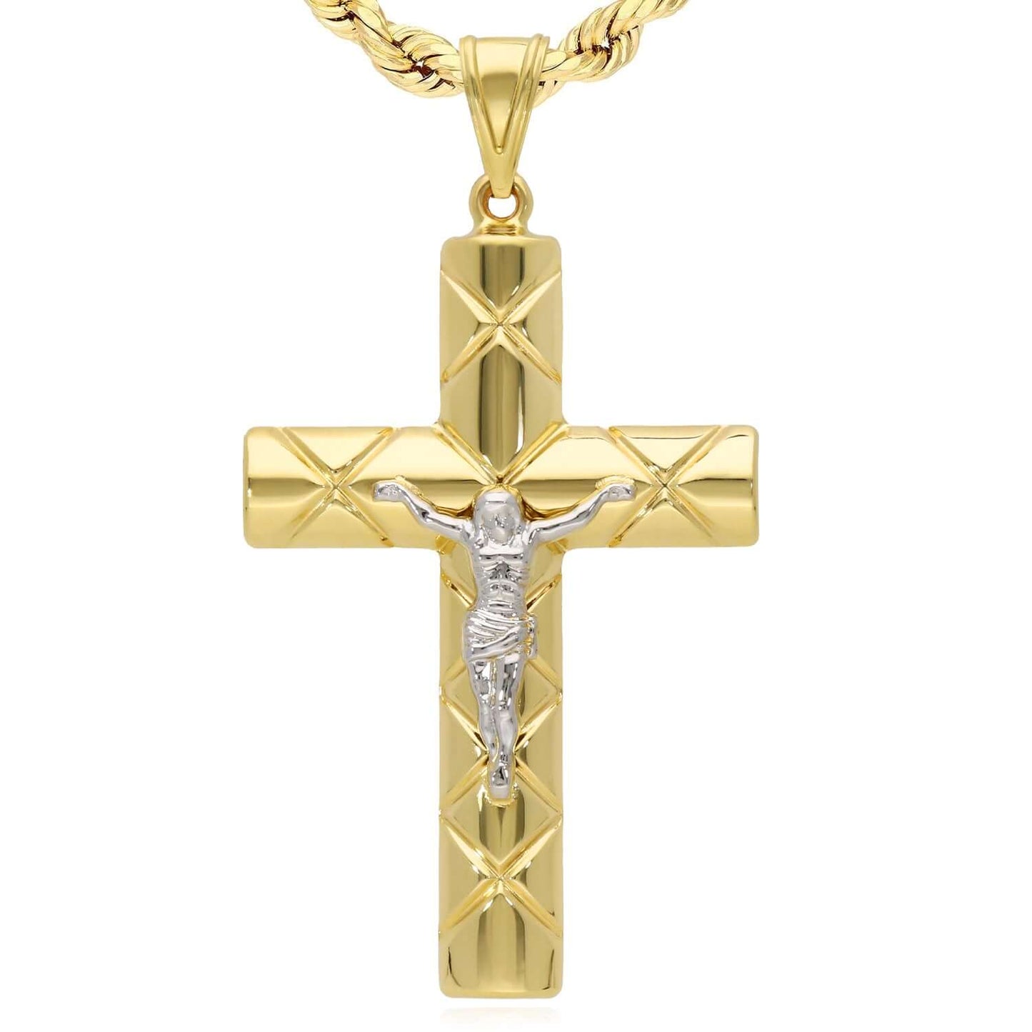 Real 14K Two-Tone Gold Jesus Crucifix Cross Pendant 3"