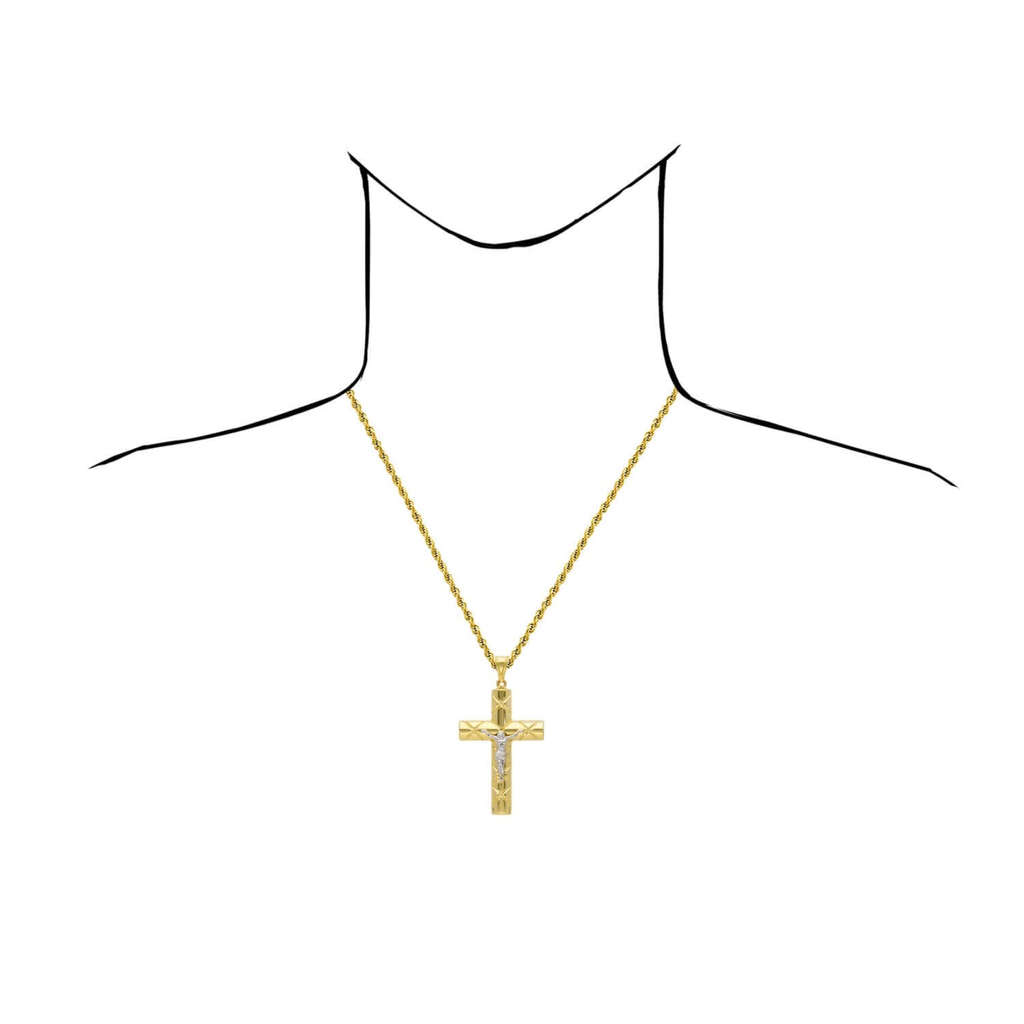Real 14K Two-Tone Gold Jesus Crucifix Cross Pendant 3"